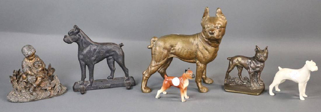 Collection of Dog Figures: Collection of dog figures, metal and porcelain, six (6) total, to include Boston terriers, boxers, etc., tallest 10" H x 8" W. Provenance: Gloucester, Massachusetts collection.
