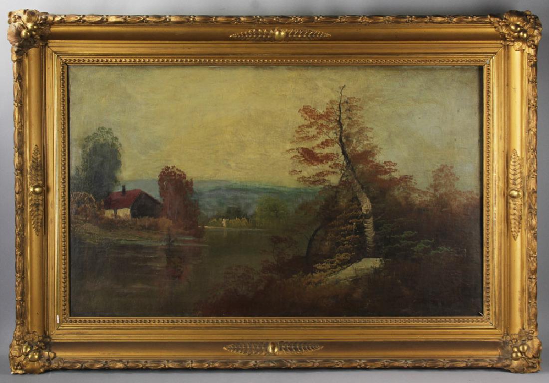 19th C Continental School Oil on Canvas: 19th century Continental School, river view, oil on canvas mounted on board, unsigned, 22" x 36", frame 30" x 44". Provenance: Gloucester, Massachusetts collection.