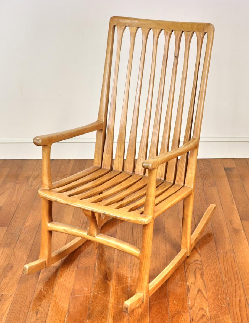 California Modern Arts and Crafts Rocker: California modern arts and crafts rocker, signed Peter Gebhardt, dated 1965, 41" H x 21" W x 31" D. Provenance: Florida estate.