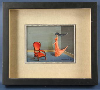 Gertrude Abercrombie, Orange Dress, Oil on Board: Gertrude Abercrombie, woman with orange dress and chair, oil on board, signed L/R and dated '61, 8" x 6". Provenance: Temecula, California collection.