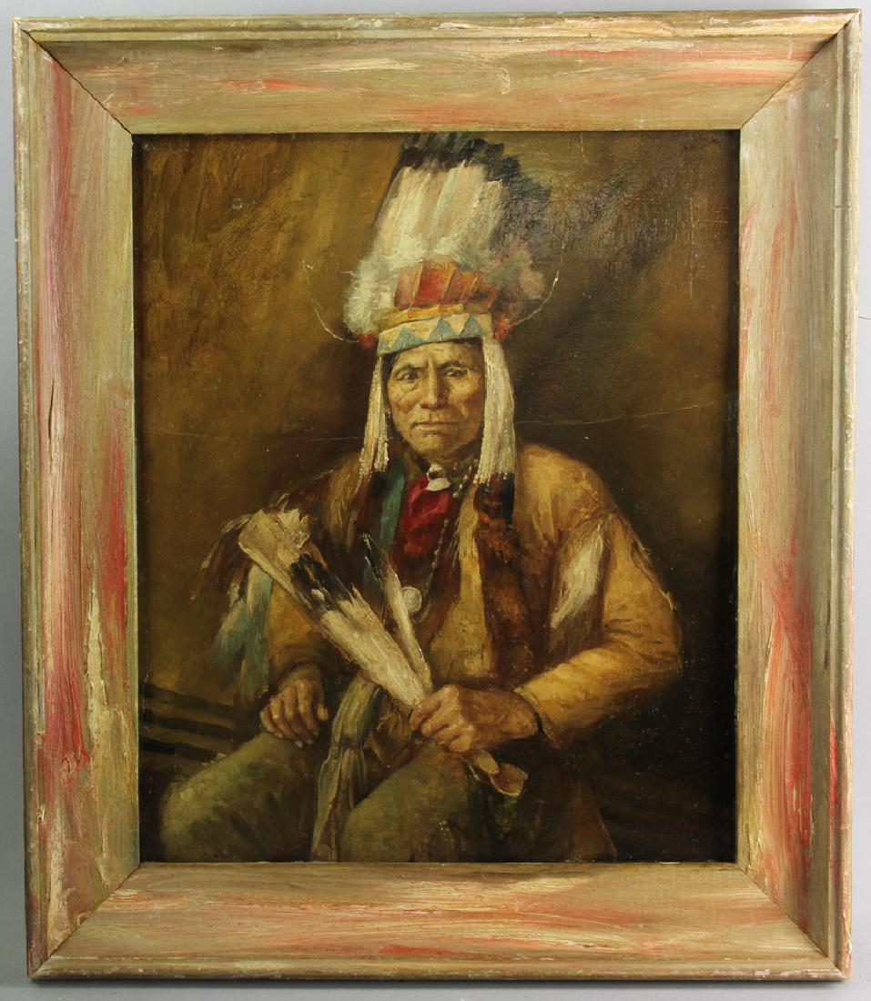 Joseph Henry Sharp, Oil on Wood: Joseph Henry Sharp (1859-1953), portrait of a Native American Chief, oil on wood panel, signed L/R, 18 1/4" x 15", frame 23 1/4" x 20". Provenance: Temecula, California collection.