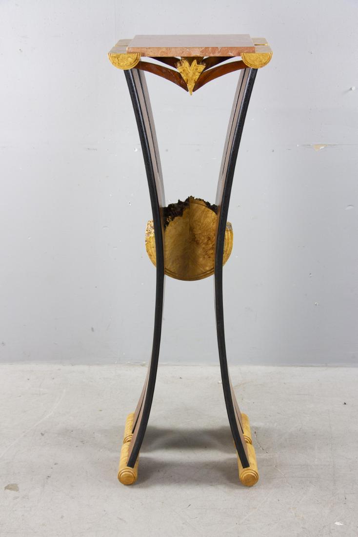 Jon Benson Modern Arts and Crafts Tall Stand: Jon Benson modern arts and crafts tall stand, petrified burlwood with marble top. Provenance: Susan Duval Gallery, 525 Cooper Ave, Aspen, Colorado. Includes original bill of sale for $3000.