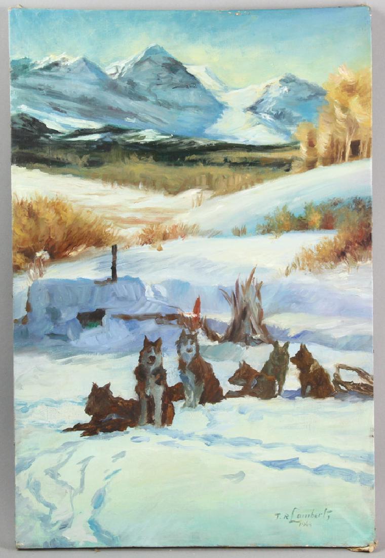 Ted Lambert, Oil on Canvas, Dogs: Ted Lambert (1905-1960), dogs, oil on canvas, signed L/R, 23" x 15 1/2", unframed. Provenance: Temecula, California collection.