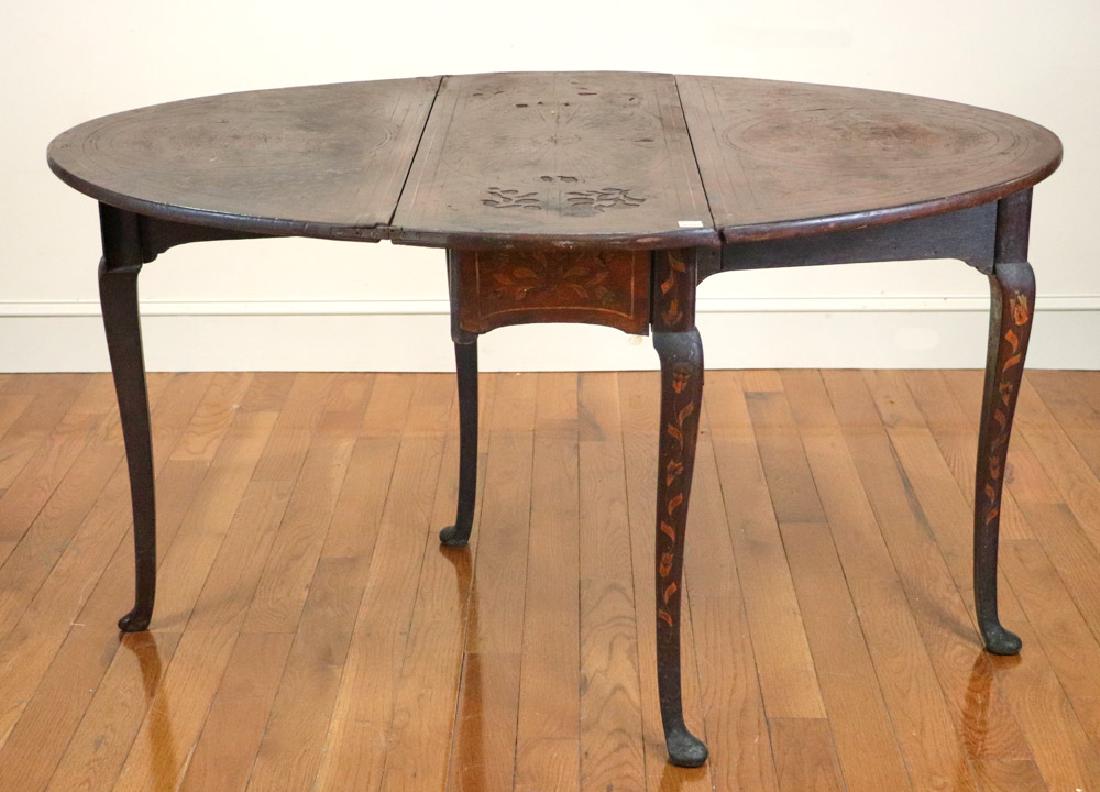 Period Queen Anne Inlaid Drop Leaf Table: Period Queen Anne inlaid drop-leaf table, 29" H x 52" L x 40" W. Note: Needs repair. Provenance: Florida estate.