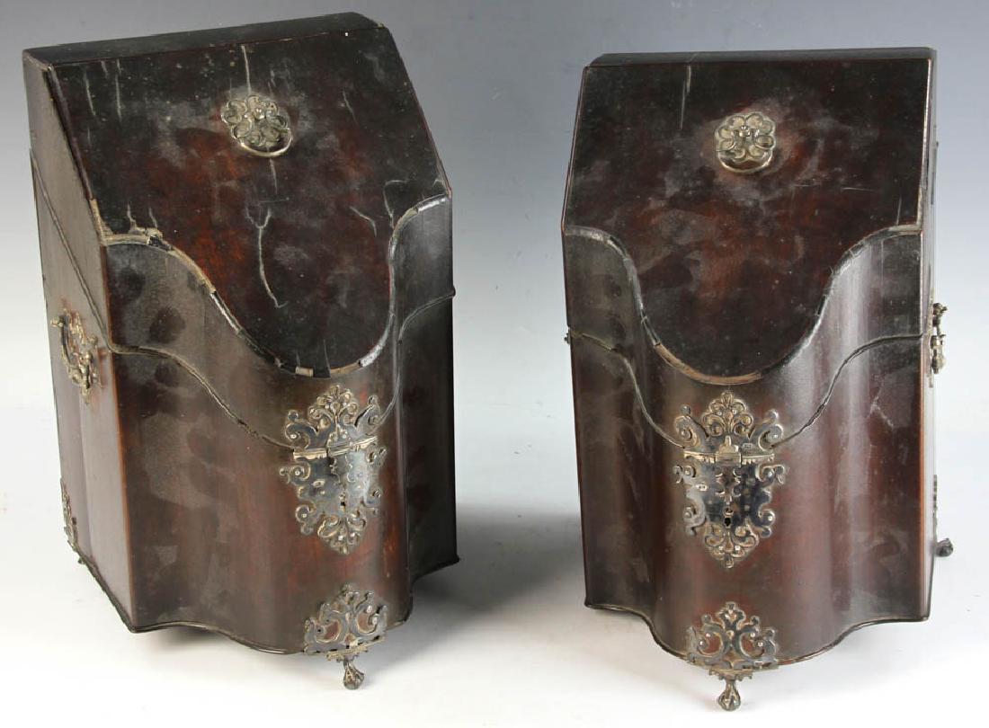 Pair of 18th C Cutlery Boxes, Sterling Cutlery: Pair of 18th century cutlery boxes, mahogany with fitted interiors and sterling mounts bearing sterling hallmark and maker's mark 'IW', possibly London maker James Wintle (1821), Joseph Wilson (1835),