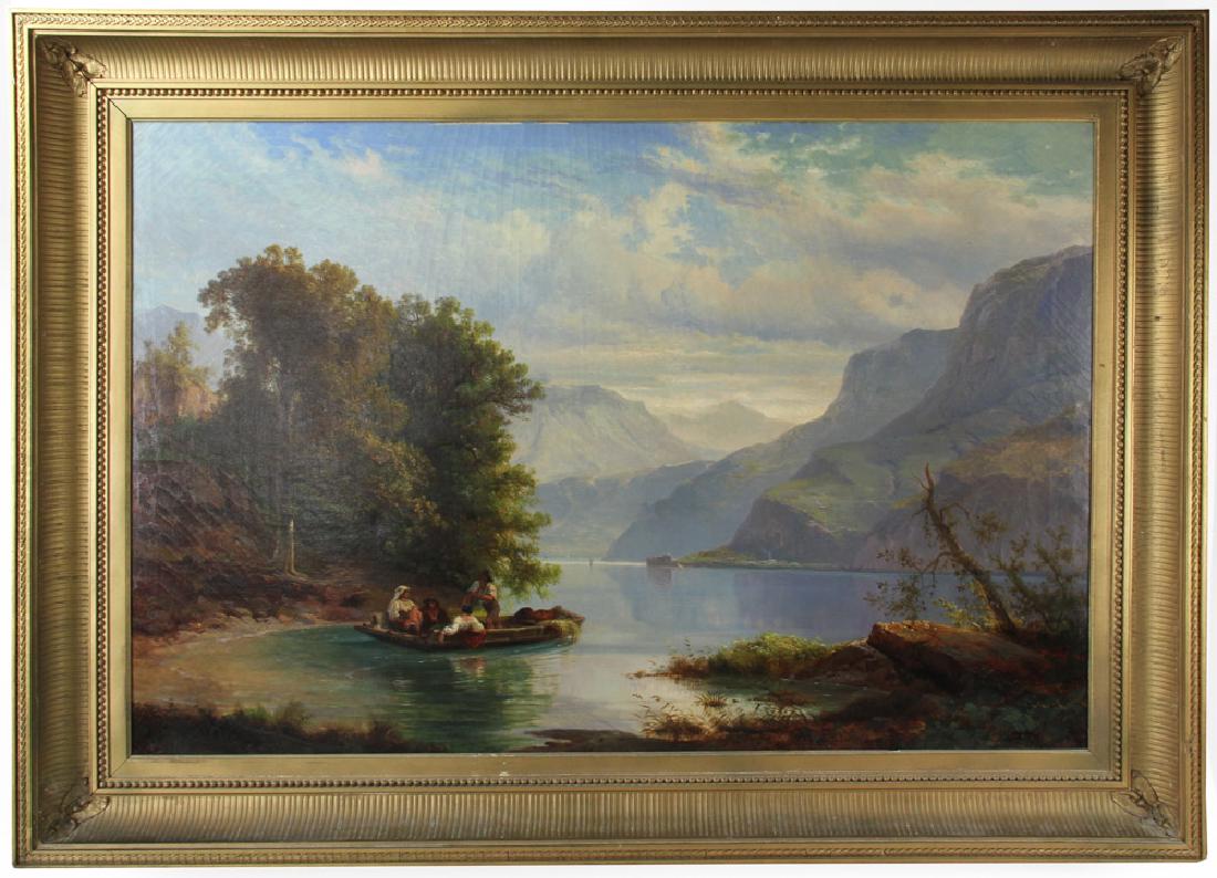 Sanford Robinson Gifford Attributed Oil on Canvas: Attributed to Sanford Robinson Gifford (1823-1880), Hudson River view with mountains and figures, unsigned, canvas marked 'FB Carlton, 351 Fulton St., Brooklyn', 28" x 42", original fluted cove frame,