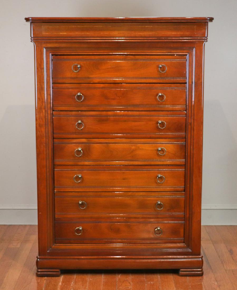 20th C French Style Seven Drawer Chest: 20th century French-style seven-drawer chest with additional handkerchief drawer above, cherrywood with string inlay, 59" H x 41" W x 19 1/2". Provenance: Boston, Massachusetts estate.
