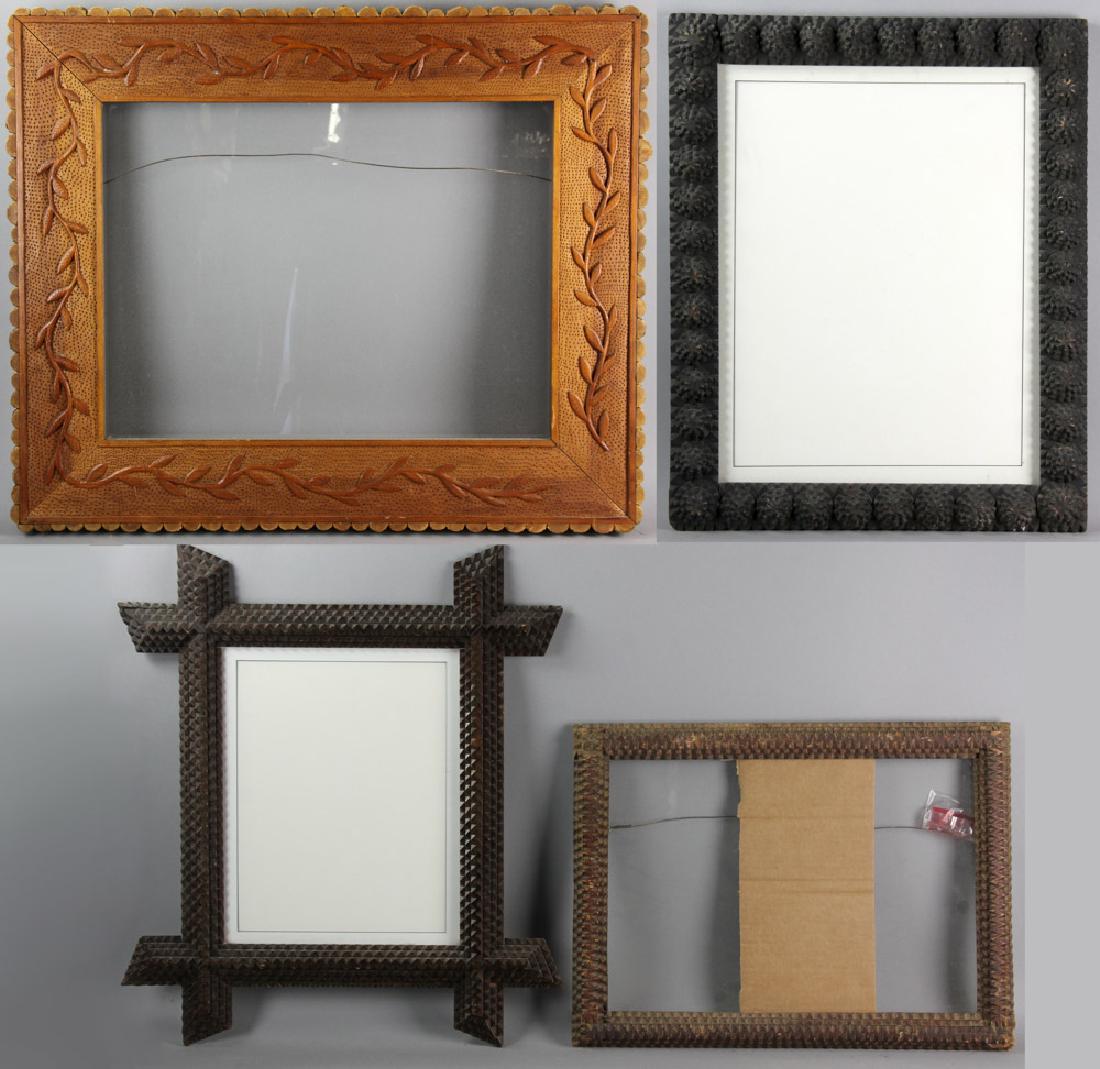 Antique Semi-Antique Folk and Tramp Art Frames: Antique and semi-antique folk art and tramp art frames, twig frame 25" x 29 1/2", inside 15" x 19", tramp art 20" x 24", inside 15" x 19", tramp art 22" x 16", inside 18" x 12 1/2", tramp art 25" x 22