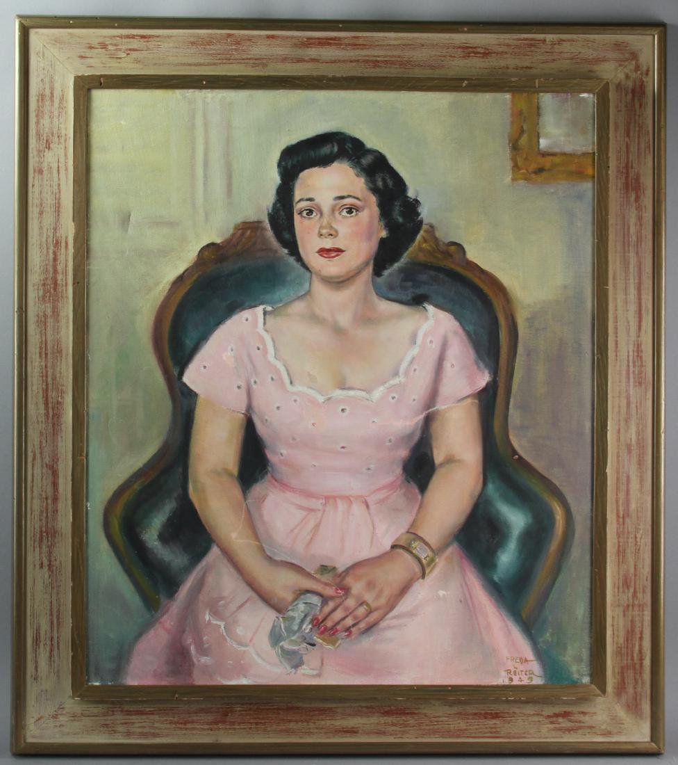 Freda Reiter, Oil on Canvas Portrait: Freda Reiter (1919-1986) (Freda was a court painter during the Watergate Trials), portrait, oil on canvas, signed L/R and dated 1949, 28" x 25", frame 35" x 31". Provenance: Lynnfield, Massachusetts c