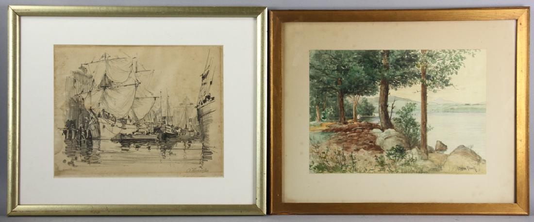 Anthony Thieme Print and Myron Clark Art Pieces: Anthony Thieme (1888-1954), Gloucester boats, print, signed in pencil, 11" x 14", frame 17" x 21"; C. Myron Clark (1858-1925), lake view with mountain background, watercolor, signed L/R 10 1/2" x 14 1