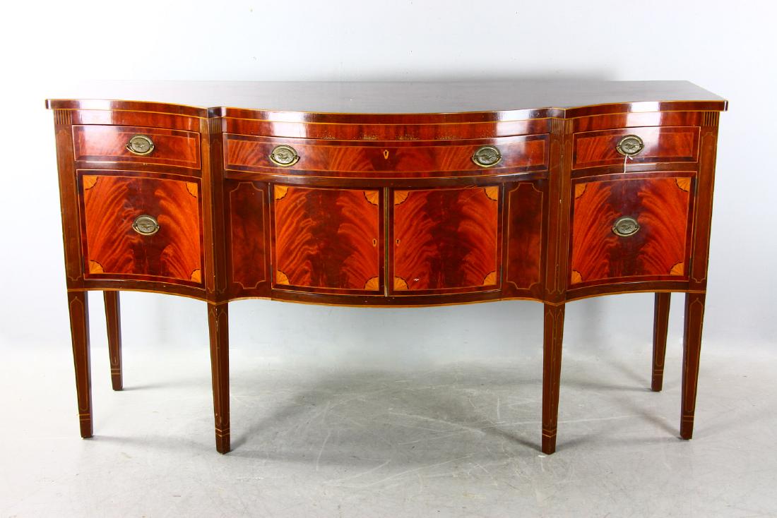 Federal Hepplewhite Style Sideboard: Federal Hepplewhite-style sideboard, mahogany with fruitwood inlay, brass pulls, Schmieg and Kotzian, Inc., New York, 39 3/4" H x 74 1/2" W x 25" D. Provenance: Manchester, Massachusetts estate.