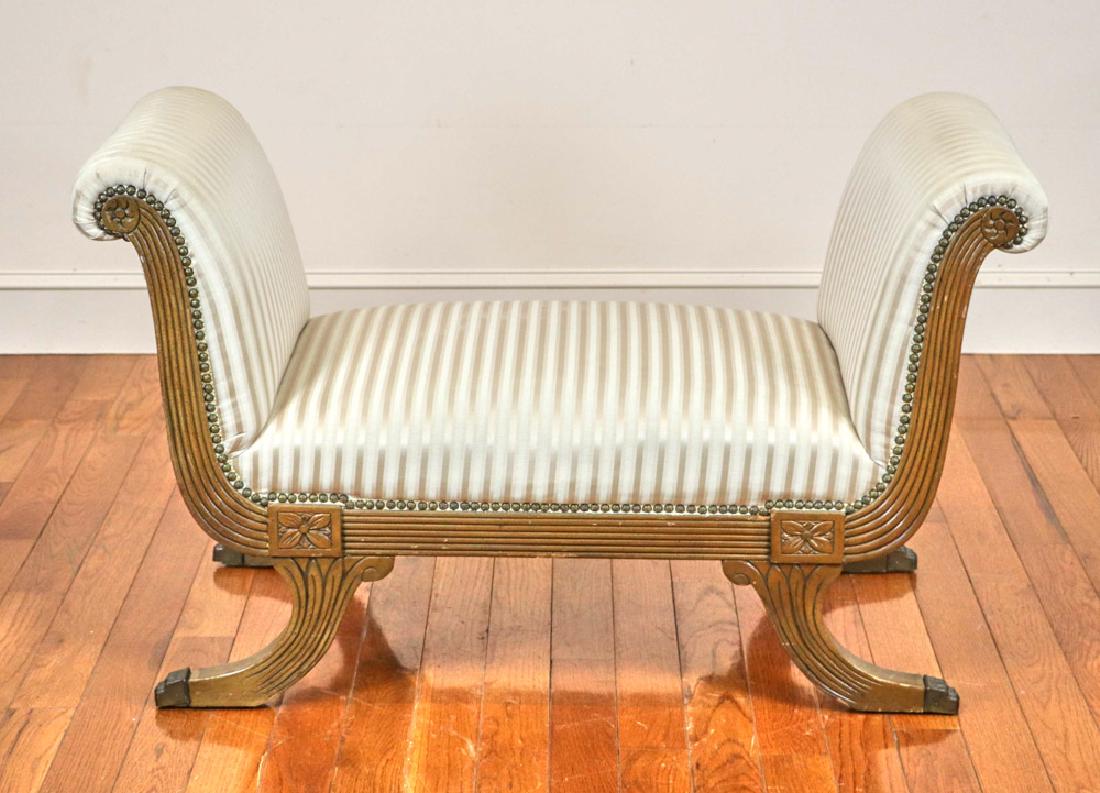 Duncan Phyfe Style Upholstered Bench: Duncan Phyfe-style striped upholstered bench, 27" H x 45" W x 19" D.