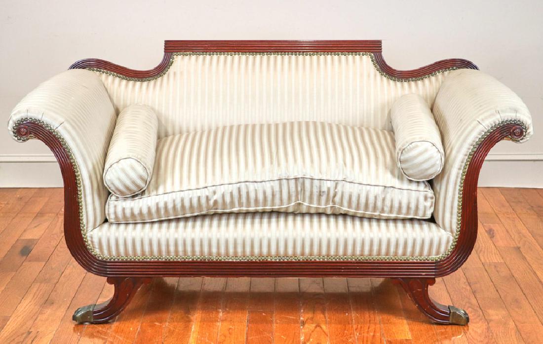 Duncan Phyfe Style Diminutive Sofa: Duncan Phyfe-style diminutive mahogany sofa, having striped upholstery, 30 1/2" H x 61" W x 27 1/2" D.