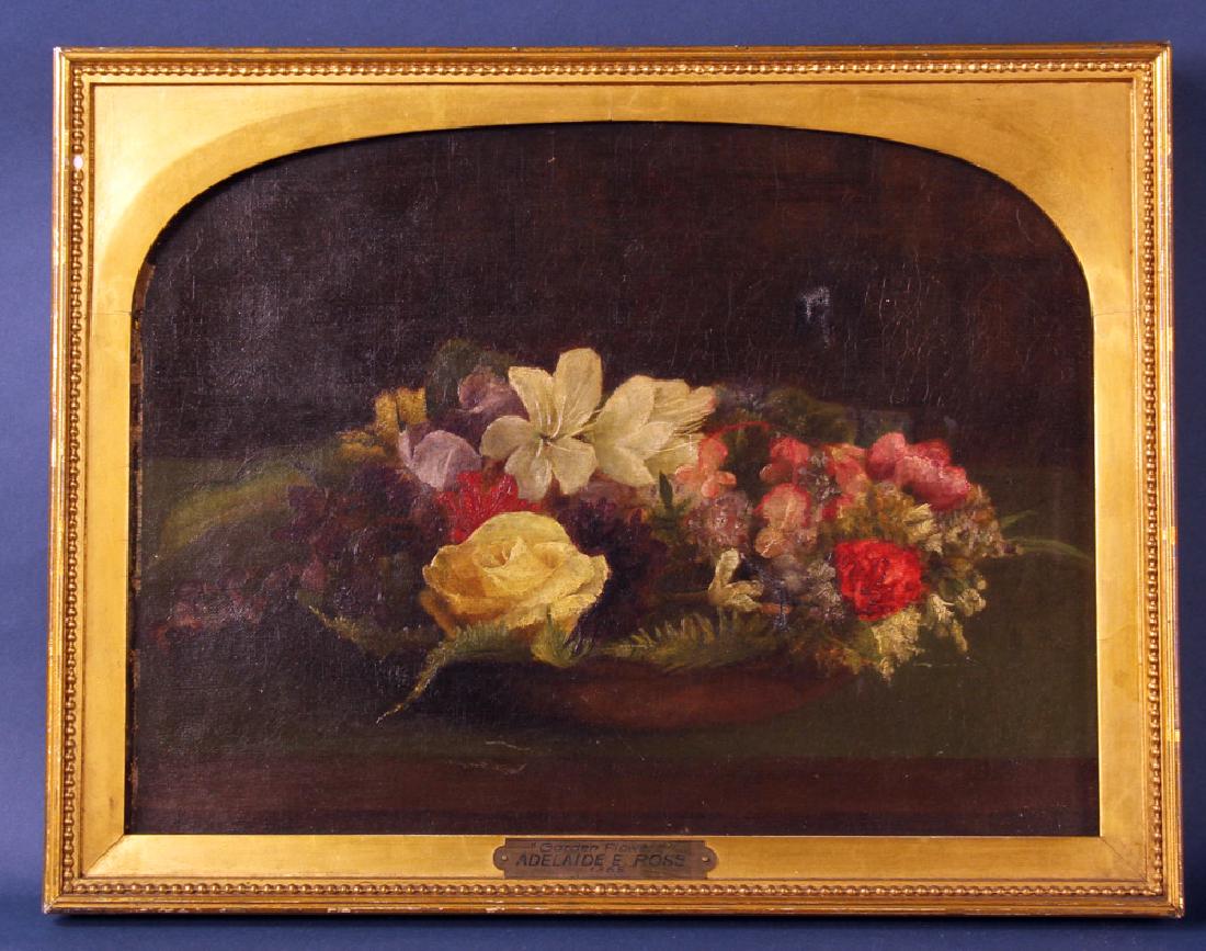 Adelaide Ross, Garden Flowers, Oil on Canvas: Adelaide E. Ross, titled "Garden Flowers 1865", oil on canvas, 12" x 15 3/4", framed 13 1/2" x 17 1/2".