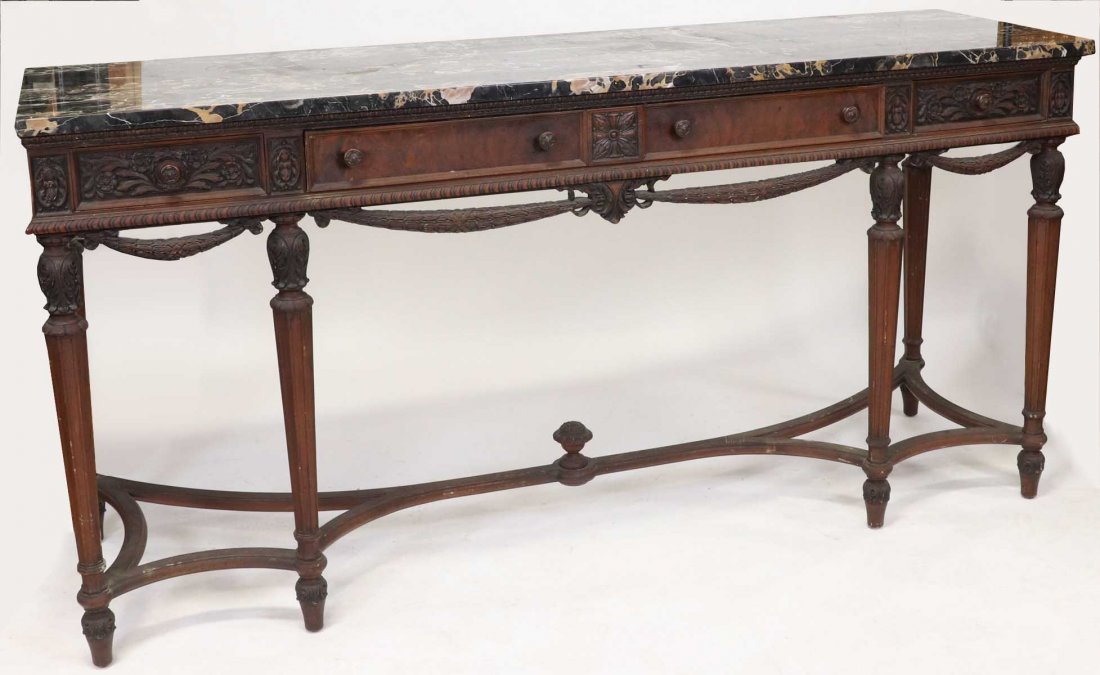 French Carved Marble Top Console Table: French carved console table with black and white marble top, 38" H x 78" W x 23" D.