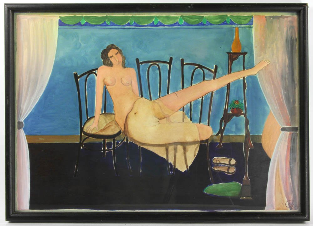 Reclining Nude, Watercolor on Artist Paper: Reclining nude, watercolor on artist paper, indistinct stamp L/R, shadow box frame, 21" x 29 1/2". Provenance: Florida estate.