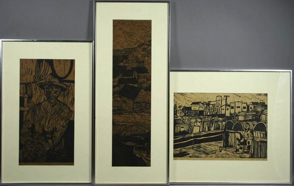(3) Woodblocks by John Walker: Three (3) Woodblocks by John Walker (Gloucester Artist), largest 12"h. x 16 1/2"w., framed 20"h. x 25"w. Good condition.