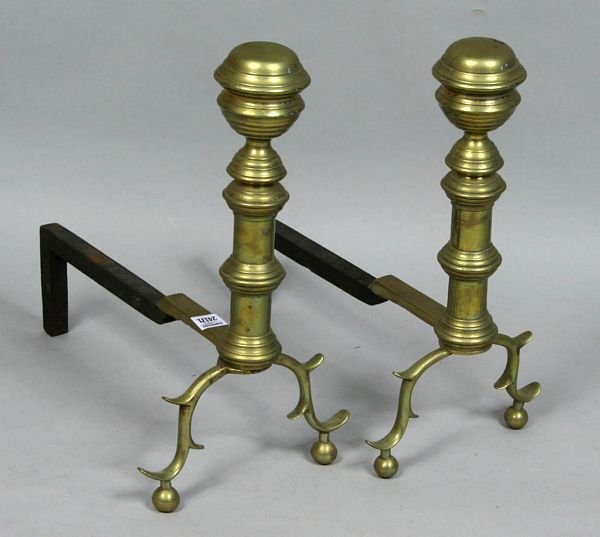 Pair Of Circa 1805 Brass Andirons, 16" X 15"