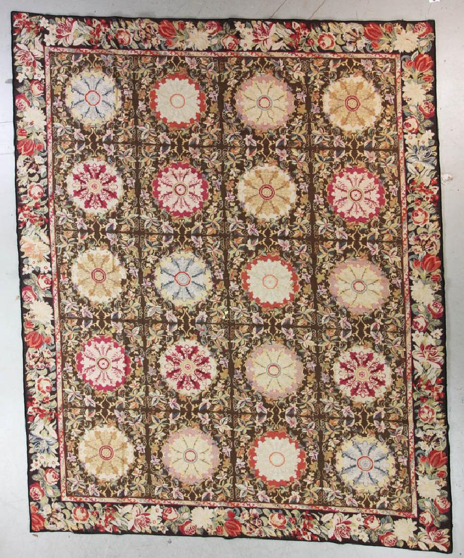 Semi Antique Aubusson Needlepoint Rug: Semi-antique Aubusson needlepoint rug, 7' 9" x 9' 6". Provenance: Wakefield, Massachusetts estate.