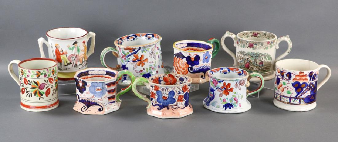 19thC Farmer's Mugs & Loving Cups: Collection of 19th century polychrome ironstone farmer's mugs and loving cups, various patterns, two (2) with interior figural frogs, one (1) with serpent handle, two (2) marked 'Mason's Ironstone Chi