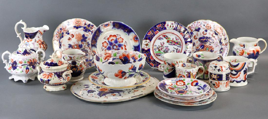 19thC English Polychrome Ironstone Pieces: Collection of 19th century English polychrome ironstone pieces, various Imari patterns, to include: mezzanine 14 3/4" x 12", bowl and pitcher, two (2) covered sugar bowls, one (1) covered jar, four (4