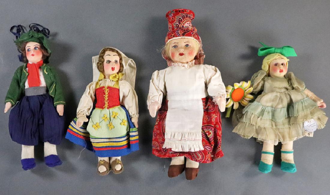 Vintage Lenci Italy and Lenci Style Dolls: Two vintage Lenci, Italy dolls, molded felt heads, pressed felt bodies, with hand-painted facial features, one with original tags, one marked 'Made In Italy', original clothing, together with two Lenc