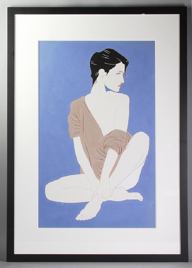 Attr to Patrick Nagel, Her Casual Pose, Mixed Media: Attributed to Patrick Nagel (American, 1945-1984), "Her Casual Pose", 1983 mixed media on board, signed L/R, 30" x 19", framed 40" x 28". Provenance: Lake Worth, Florida collection.