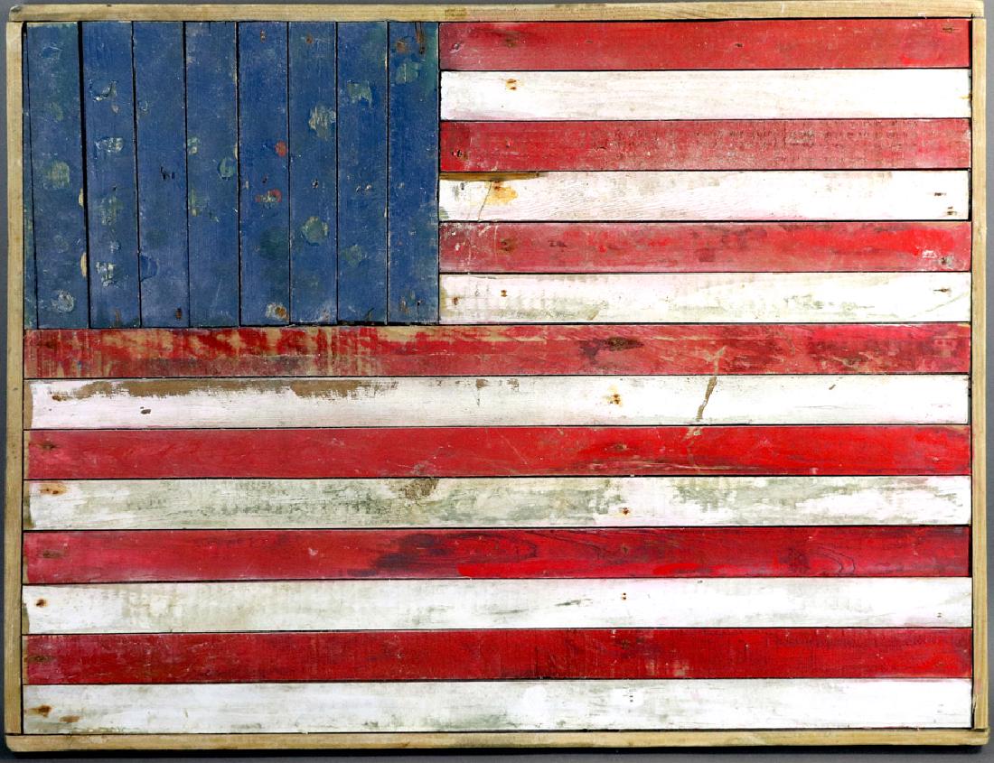 Folk Art Painted Wood American Flag: Folk Art painted wood American flag, 29" x 22". Provenance: Lake Worth, Florida collection.
