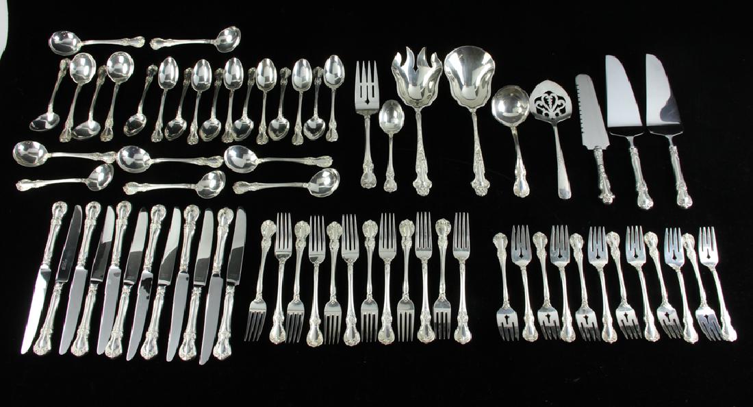 Towle Sterling Flatware Service for (12): Towle 'Old Masters' sterling flatware service for twelve (12), to include: dinner knives with stainless blades; (12) dinner forks; (12) salad forks; (12) spoons (soup); (1) meat fork; (1) ladle; (12) 