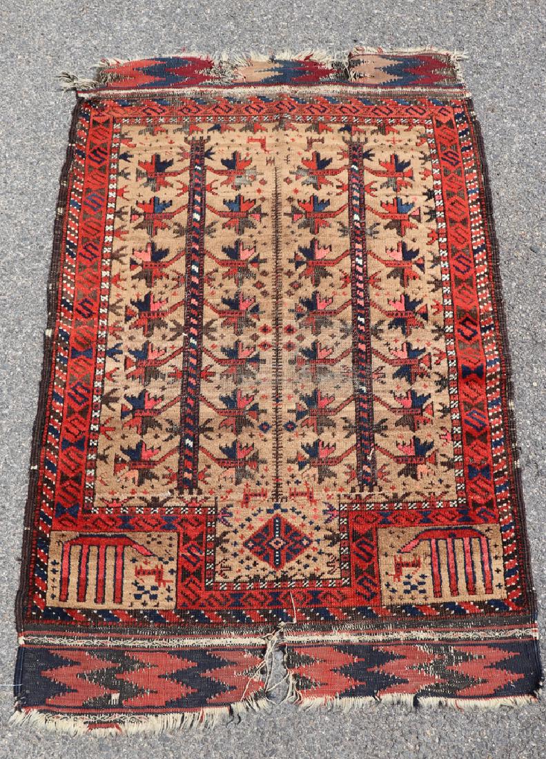 Antique Baluchistan Prayer Rug: Antique Baluchistan prayer rug, 2' 6" x 3' 11". Tear in end.