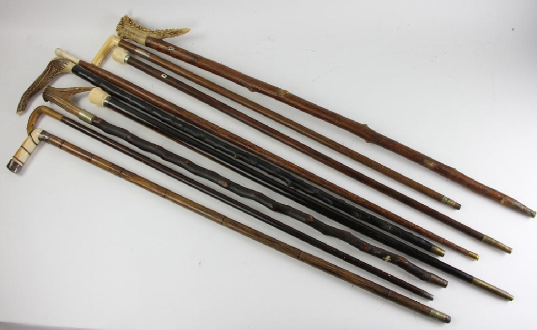 (9) Walking Sticks with Antler Handles: Group of six (9) walking sticks, antler handles.
