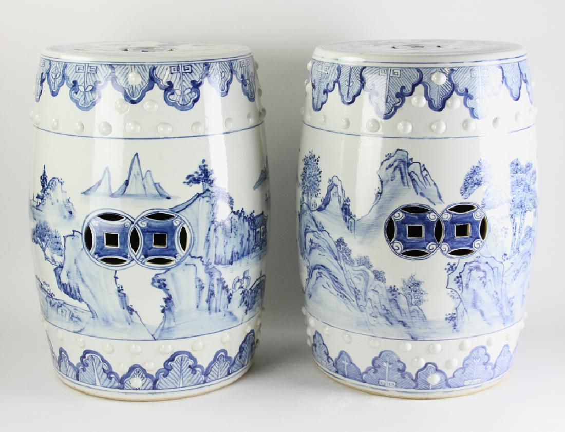 Pair of 20thC Blue and White Porcelain Stools: Pair of 20th century blue and white porcelain stools, 19 1/2".