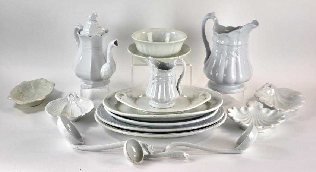 Collection of 19th Century White Ironstone: Collection of 19th century white ironstone, various patterns and makers, to include: pedestal cake plate with scalloped skirt marked 'Furnival & Co. Ironstone China'; large rabbit culinary mold; leaf-