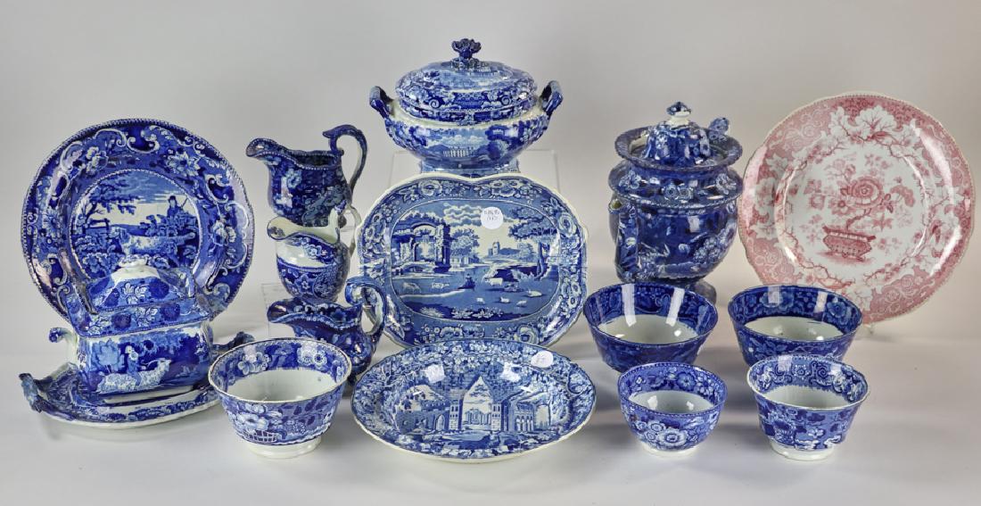 19th Century English Transferware: 19th century English Staffordshire blue and white transferware to include: floral motif coffee pot, 10" H x 11 3/4" (spout to handle); small tureen with underplate marked 'Riley, Bretton Hall Yorkshir