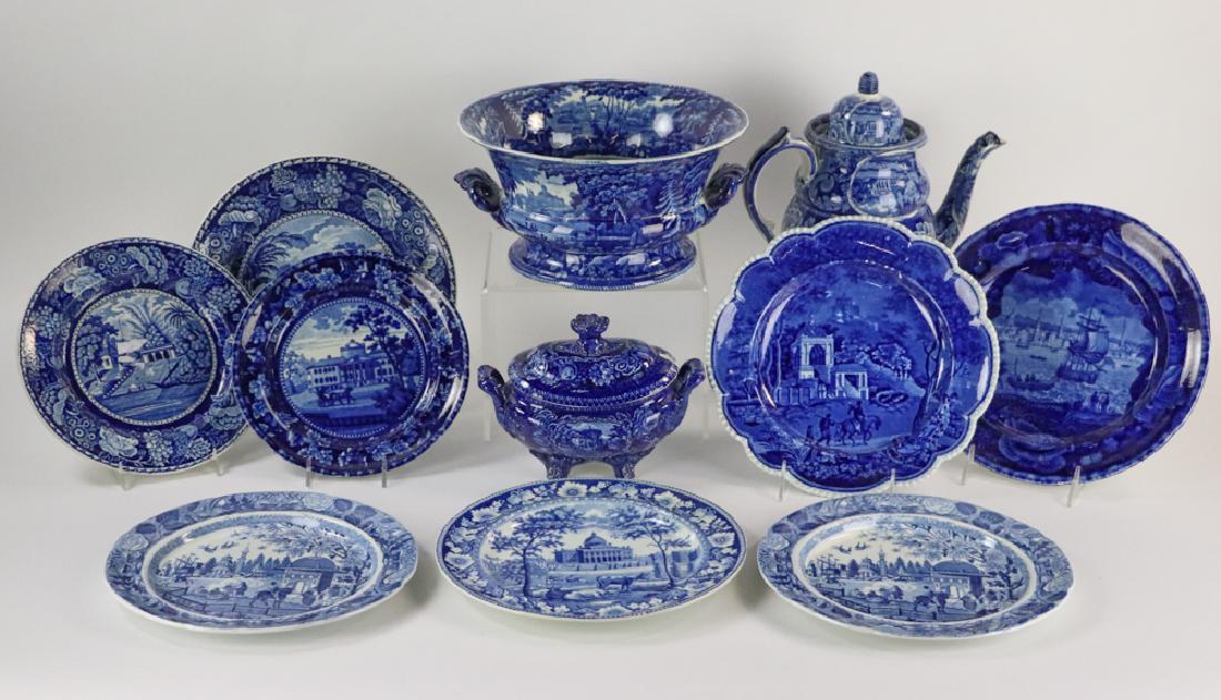 19th Century English Transferware: 19th century English Staffordshire blue and white transferware to include: dark blue tureen marked 'R. Hall (Ralph Hall), Brambler Church Sussex'; handled center bowl with historical view, 5 1/4" H x 