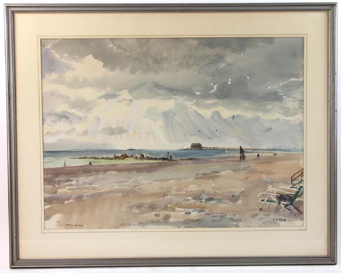 Ernst Huber Coney Island Watercolor: Ernst Huber, Coney Island, New York, watercolor on paper, signed and dated 1953, 18" x 24 1/2", framed 24" x 31".