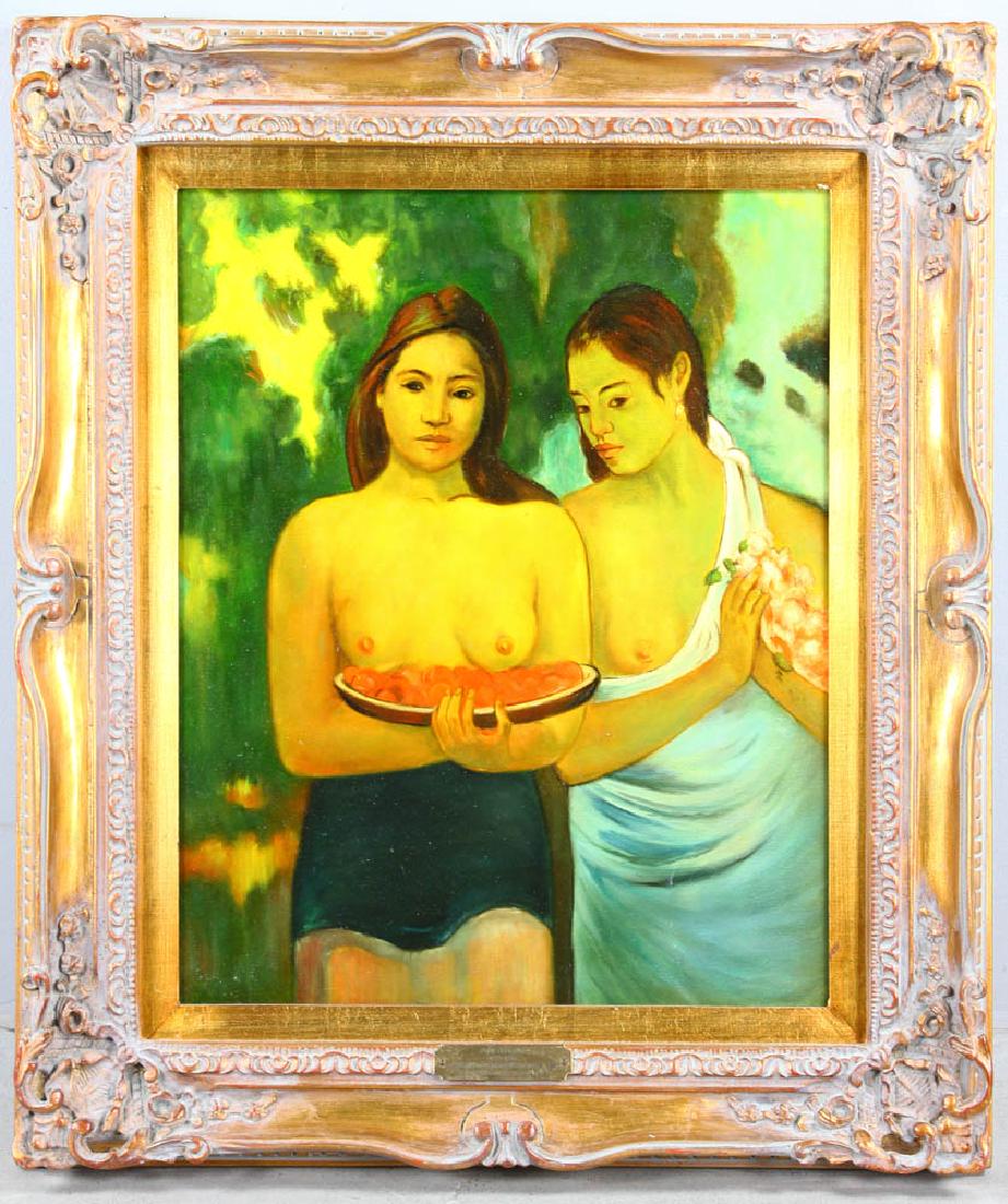 Two Tahitian Women, After Paul Gauguin: After Paul Gauguin, 'Two Tahitian Women', oil on canvas, labeled and titled on brass plaque, 20" x 16", frame 27" x 23". Provenance: West Palm Beach, Florida collection.