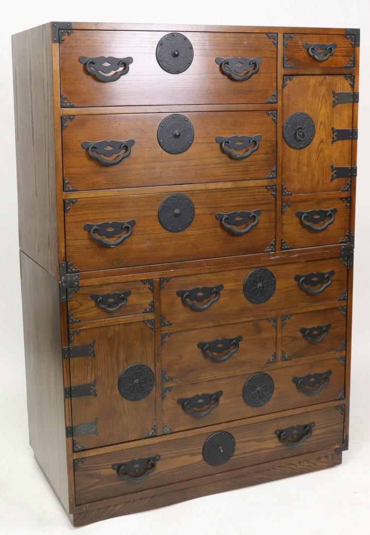 Fine Korean Style Chest on Chest Cabinet: Fine Korean-style chest-on-chest cabinet having iron mounts, 56" H x 38" W x 19" D. Provenance: Reading, Massachusetts estate.
