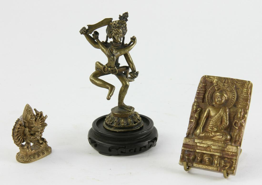 (3) Asian Figures Buddha Bodhisattva: Group of three figures, including Indian bronze dancing figure, Southeast Asian sitting Buddha, and bronze Bodhisattva, tallest 5 1/4" H. Provenance: Acquired by collector from Frank Caro Gallery, the