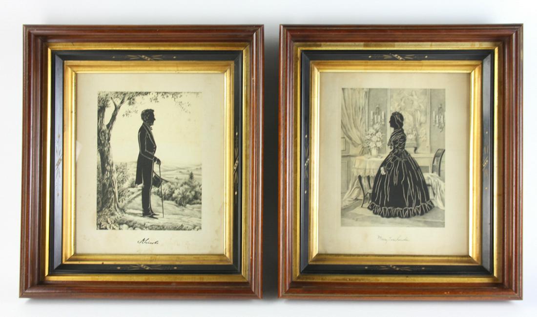 19thC Silhouettes of President Lincoln and Mrs. Lincoln: 19th century silhouettes, Mary Todd Lincoln and Abraham Lincoln, in original ogee frames, 11 1/2" x 9 1/2" (sight), 17" x 14". Provenance: West Palm Beach, Florida estate.