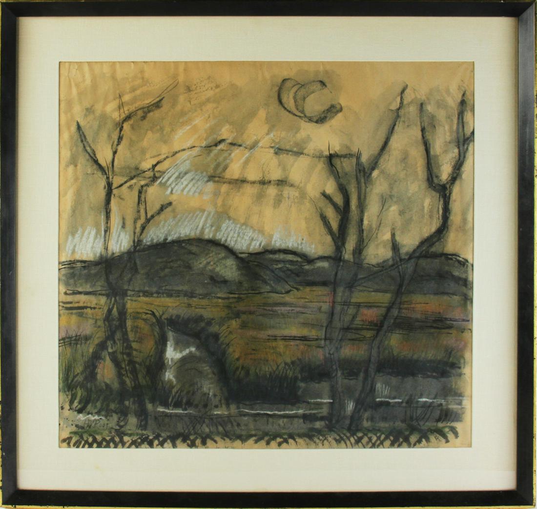 Henry Varnum Poor, Landscape, Mixed Media: Henry Varnum Poor (1887-1970), landscape, mixed media, signed L/L, 20 3/4" x 22 1/4" (sight), frame 27" x 28 3/4". Provenance: From a Brighton, Massachusetts estate.