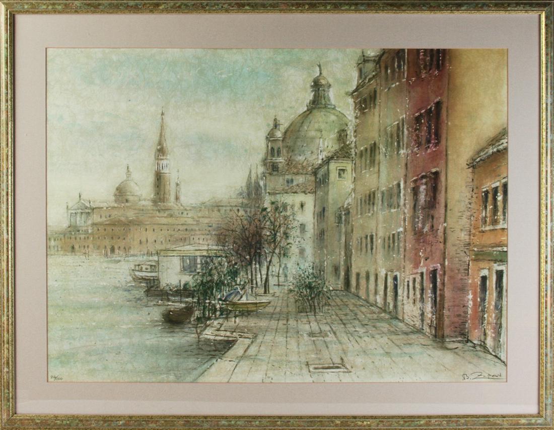 Bruno Zupan, Venice October Morning, Lithograph: Bruno Zupan (b. 1939), 'Venice, October Morning', lithograph, pencil signed L/R, editioned 26/100 L/L, 21" x 29" (sight), frame 27 1/4" x 35". Provenance: Spencer, Massachusetts estate.