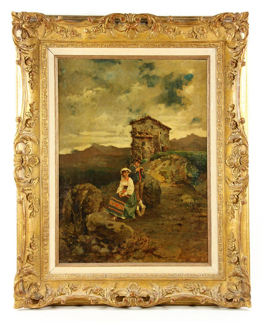 Joris, Country View, Oil on Canvas: Pio Joris (Italian, 1843-1921), oil on canvas, depicting young man and woman by road and stone building, signed; 24 1/2" H x 19 1/2" W (view), 33 1/2" H x 27 1/2" W (frame). Provenance: From a Georgia