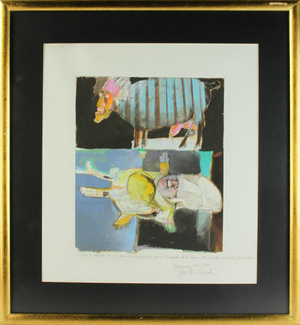Jose Maria Cundin, Abstract Mixed Media: Jose-Maria Cundin (Spanish, b.1938), semi-abstract, mixed media on paper, pencil signed and dated 1980 below image, other information below image in Spanish, 14" x 12" (image), frame 26 3/4" x 24 3/4"