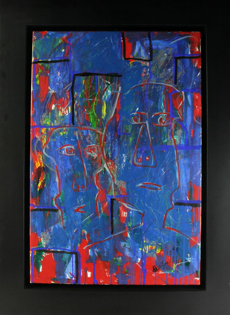 Alejandro Santiago, Faces, Oil on Canvas: Alejandro Santiago (Mexican, 1964-2013), semi-abstract of faces, oil on canvas, signed L/R, 35 1/2" x 23 3/4", frame 45" x 33", with Certificate of Authenticity. Provenance: Mexico City, Mexico estate