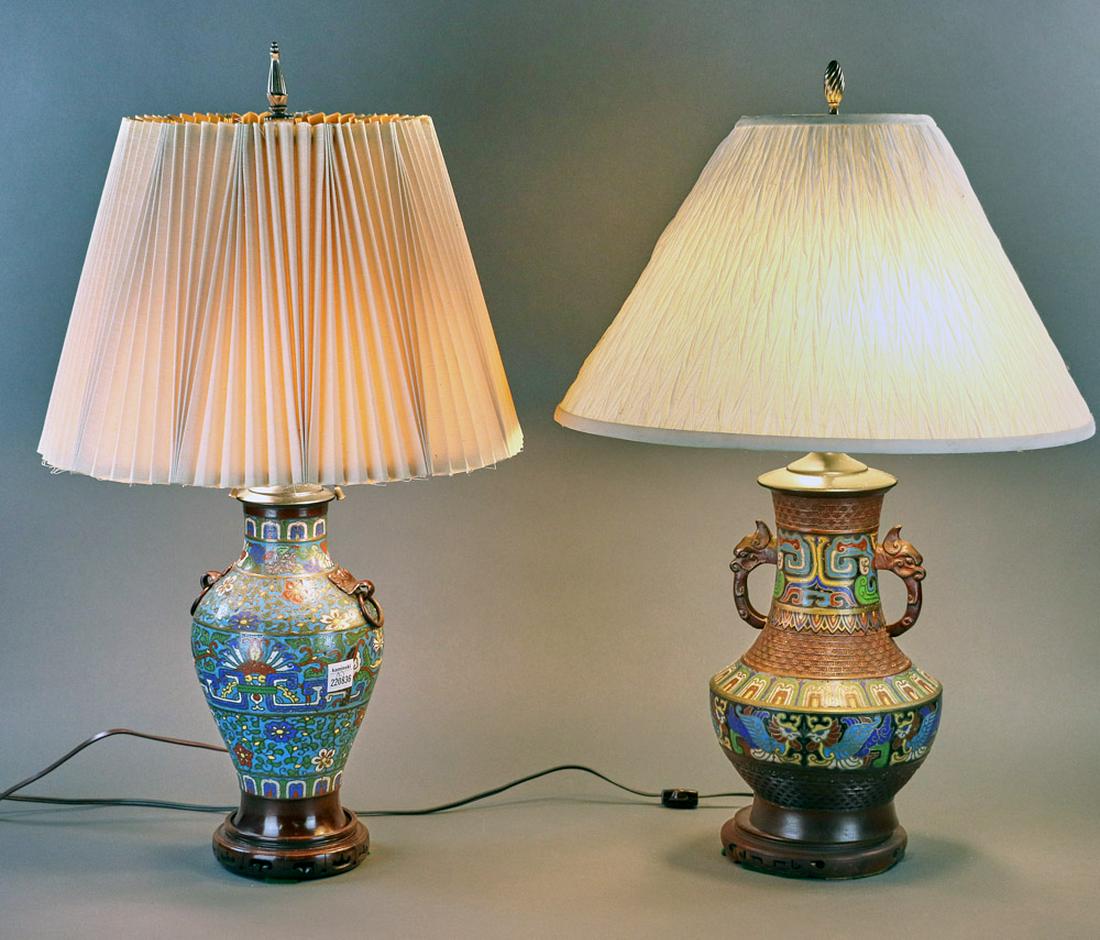 Two Champleve Lamps with Shades: Two champleve lamps with shades, one 17 1/2" to bottom of sockets, one 21" to bottom of sockets. Provenance: Rockport, Massachusetts estate.