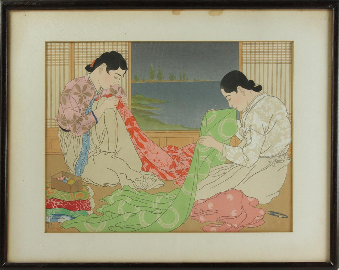 Paul Jacoulet Woodblock Print: Paul Jacoulet, woodblock print, pencil signed, 11 1/2" x 15" (view), frame 16 1/2" x 21". Provenance: Andover, Massachusetts estate.