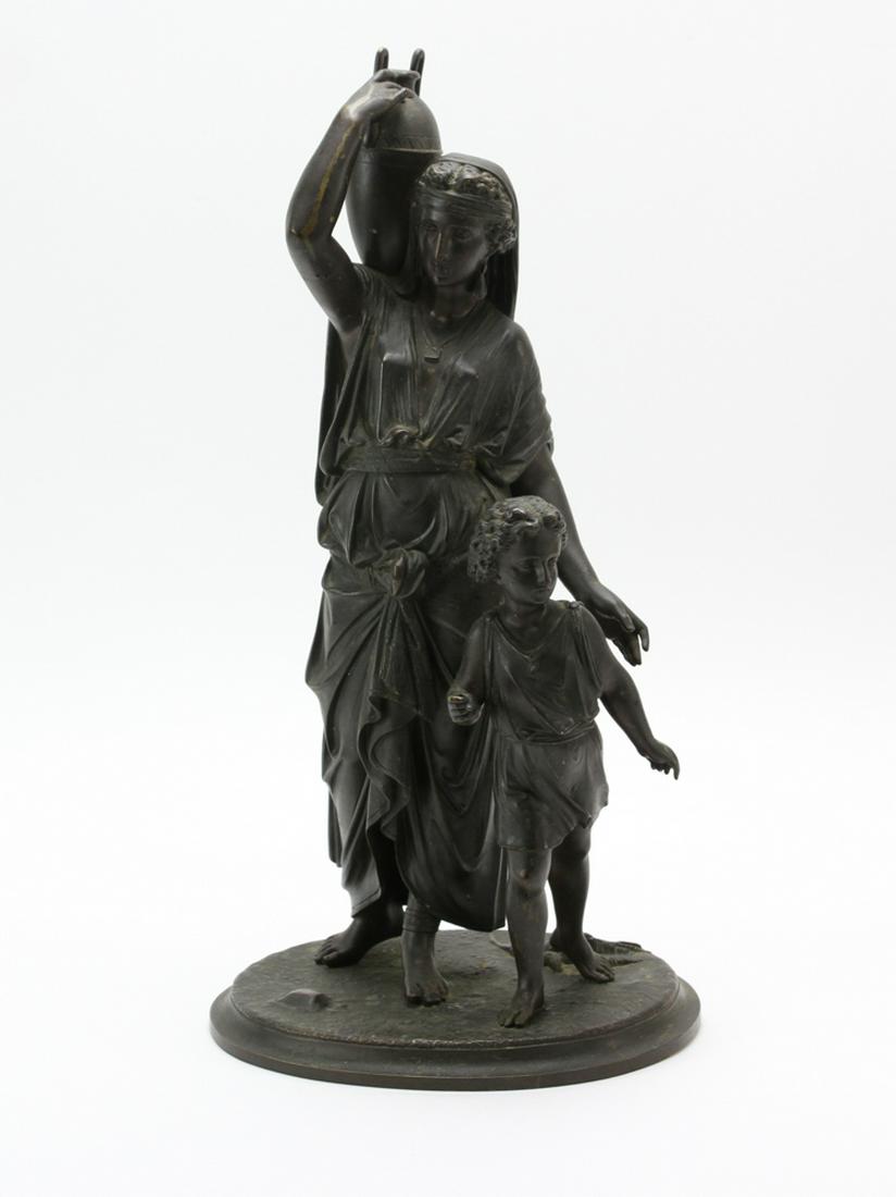 Leon Pilet Bronze Sculpture: Hagar and Ishmael bronze sculpture by Leon Pilet, 16 1/4" H x 8" x 6 1/2", missing staff. Provenance: Cambridge, Massachusetts collection.