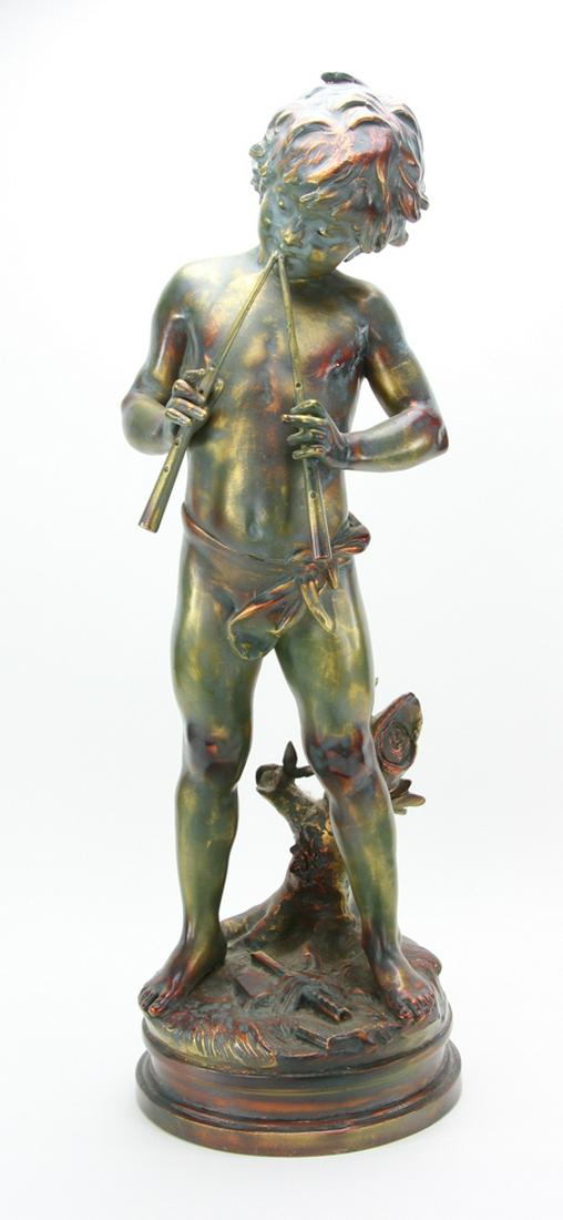 Signed Aug. Moreau, Bronze of Young Flute Player: Bronze of young flute player, signed 'Aug. Moreau' (Auguste Moreau, 1861-1906), 30" H x 10" W. Provenance: Andover, Massachusetts estate.
