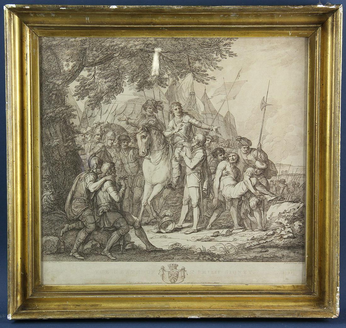 1788 Etching by Francesco Bartolozzi: 1788 etching by Francesco Bartolozzi, "The Death of Sr. Philip Sidney" by John Mortimer, 15 1/4" x 16 1/2" (sight), frame 19" x 20 1/4".